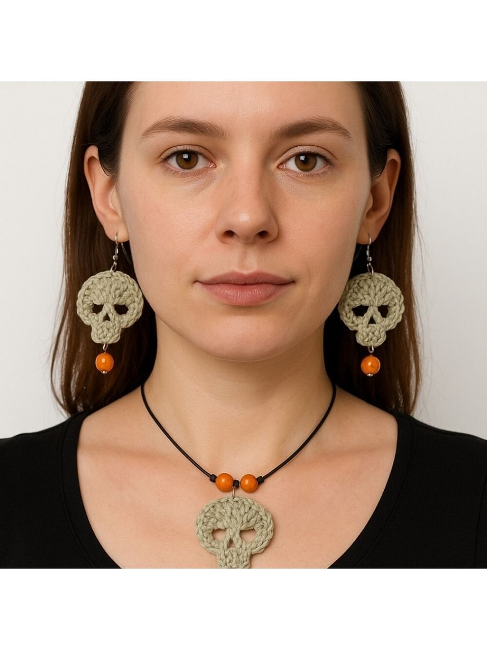 Handmade Skull Pendant Necklace Set Crochet earrings Orange beads Black cord